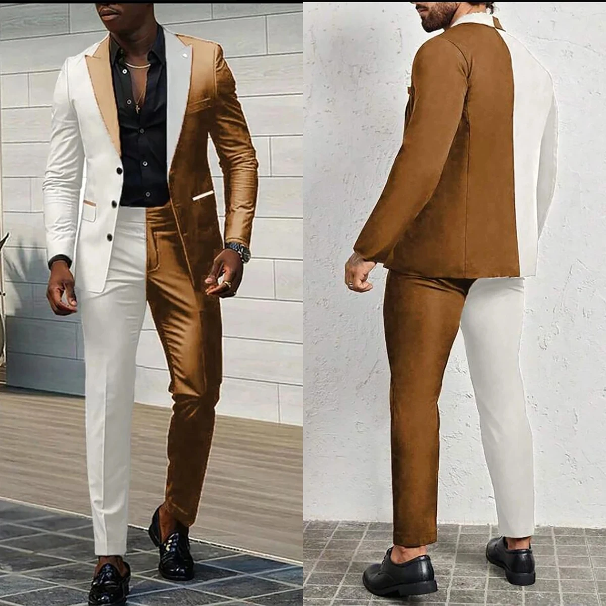 Fashion Design Splice Color Men Suits For Wedding Peaked Lapel 3 Buttons Groom Tuxedo Slim Bridegroom Suits 2 Pieces Blazer Pant