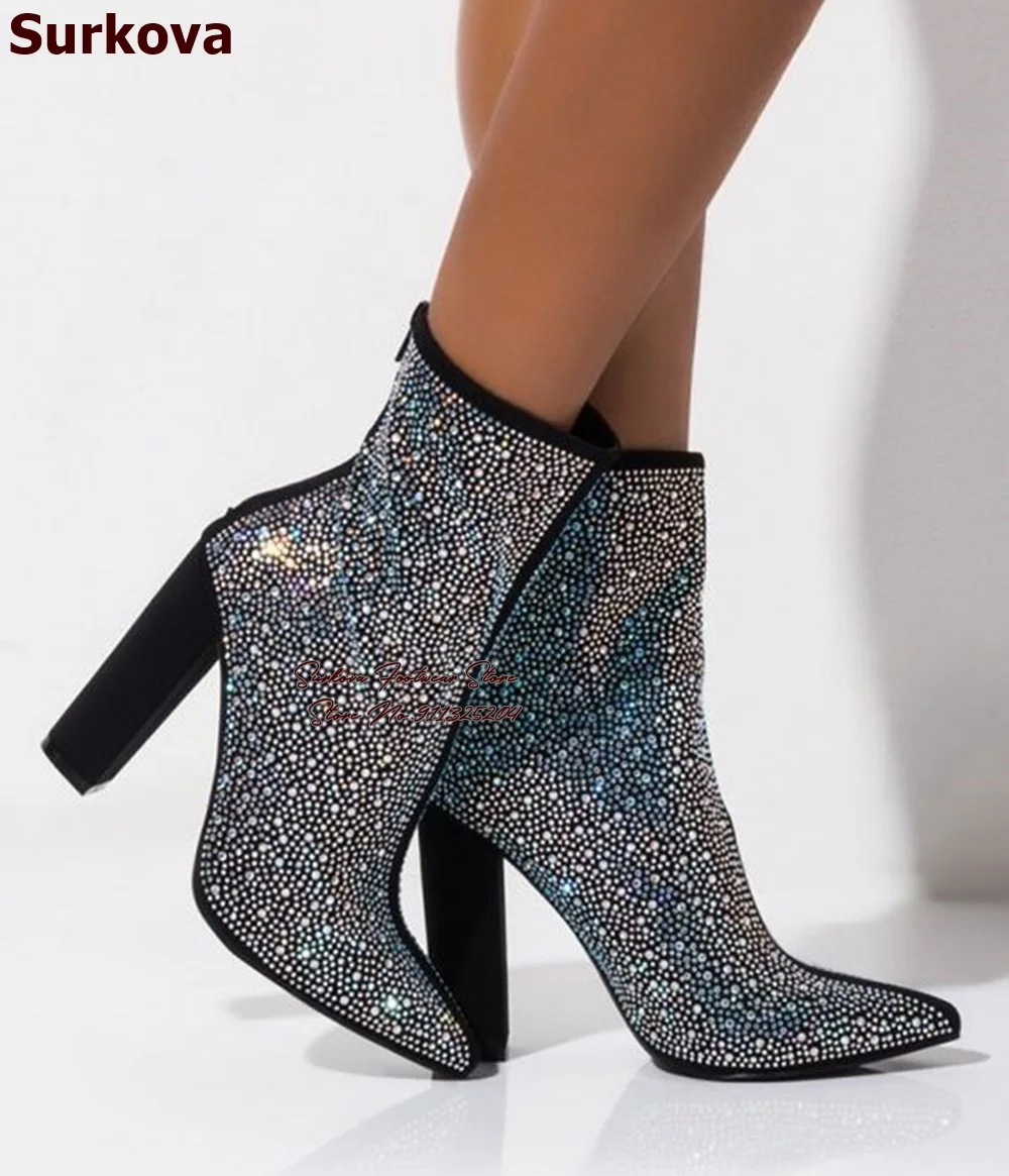 

Surkova Beige Black Multi-Crystal Ankle Boots Pointed Toe Chunky Heel Bling Bling Rhinestone Booties Glittering Evening Shoes