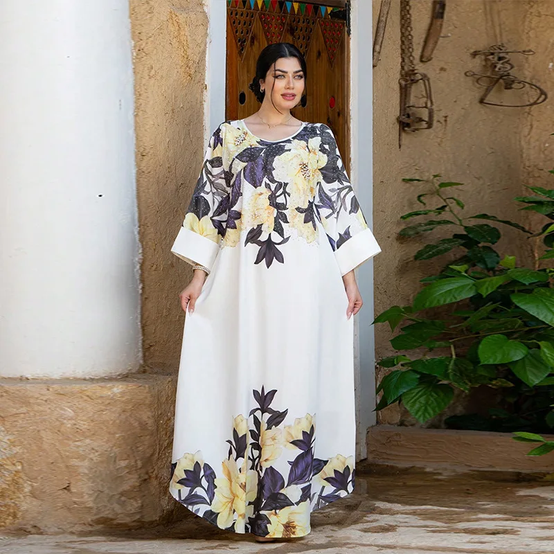

Middle East Muslim ethnic style robe fashion printing beaded pendulum dress banquet dress fashion simple temperament elegant hol