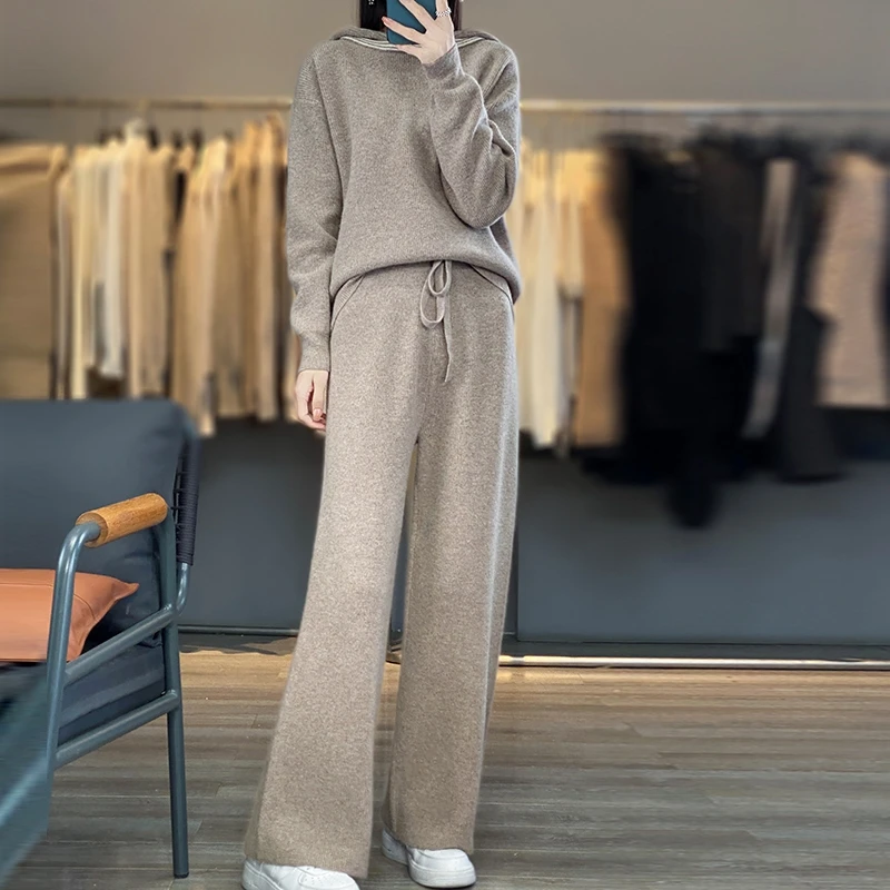 Women's Suit 2 Piece Set Hooded Pullover Tops & Pants 100% Merino Wool Sweater & Trousers Female Knitwear Autumn Winter Clothes