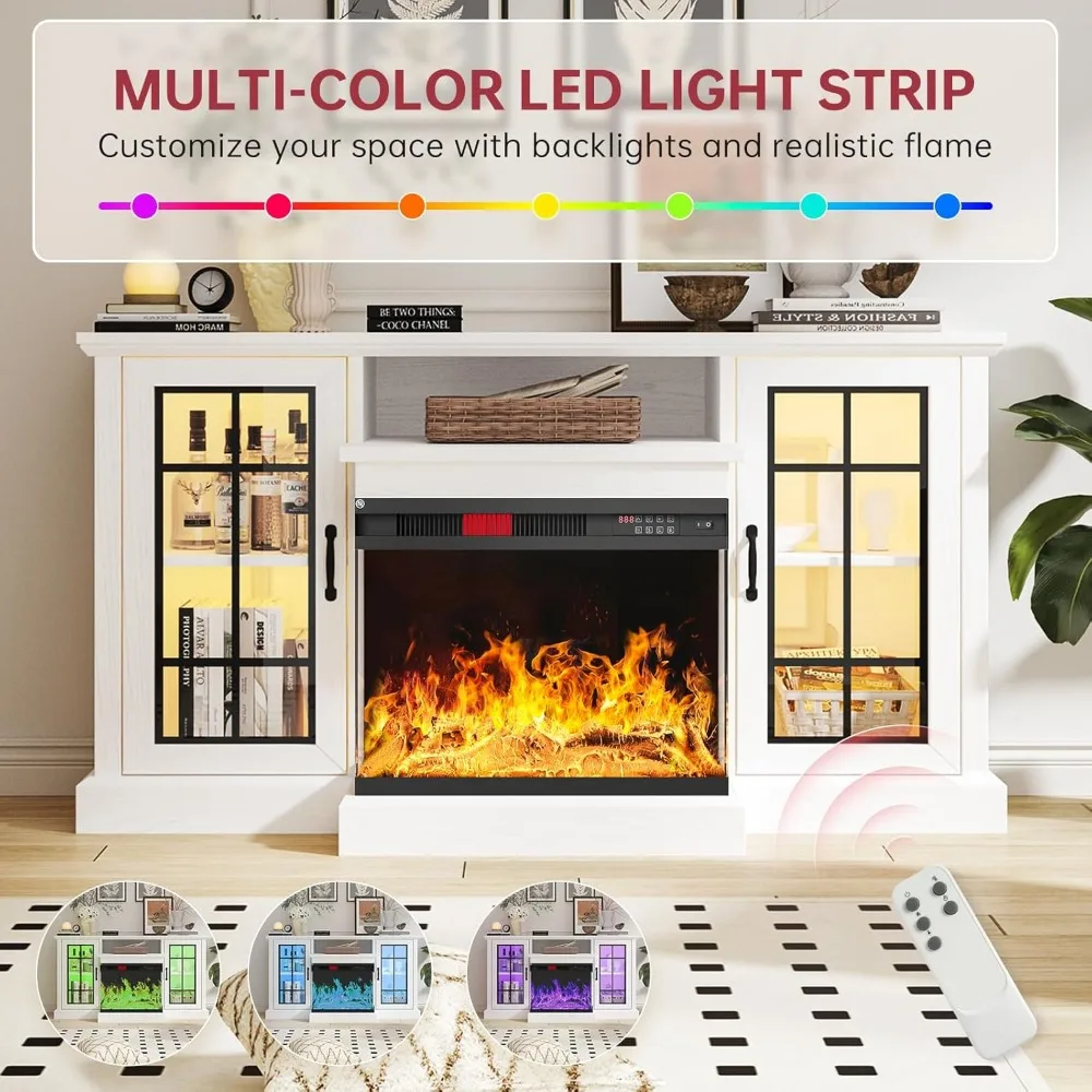 59-дюймовая каминная подставка для телевизора, 3-сторонняя стеклянная консоль для развлечений по медиа для телевизоров с диагональю до 65 дюймов со стеклянной дверью