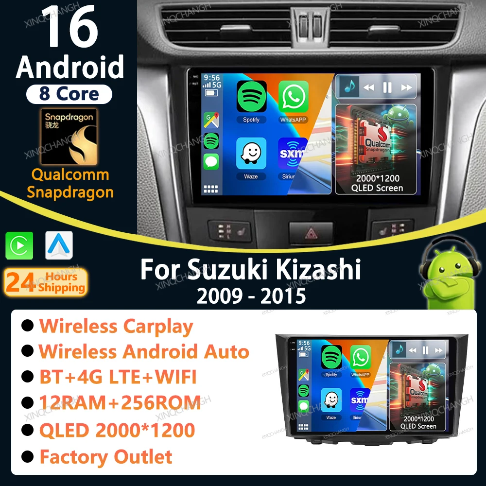 Android 16 Car Radio Carplay Auto For Suzuki Kizashi 2009 - 2015 Stereo Dash Fitting Panel Kit Video Head Unit Player 2 DIN DIN