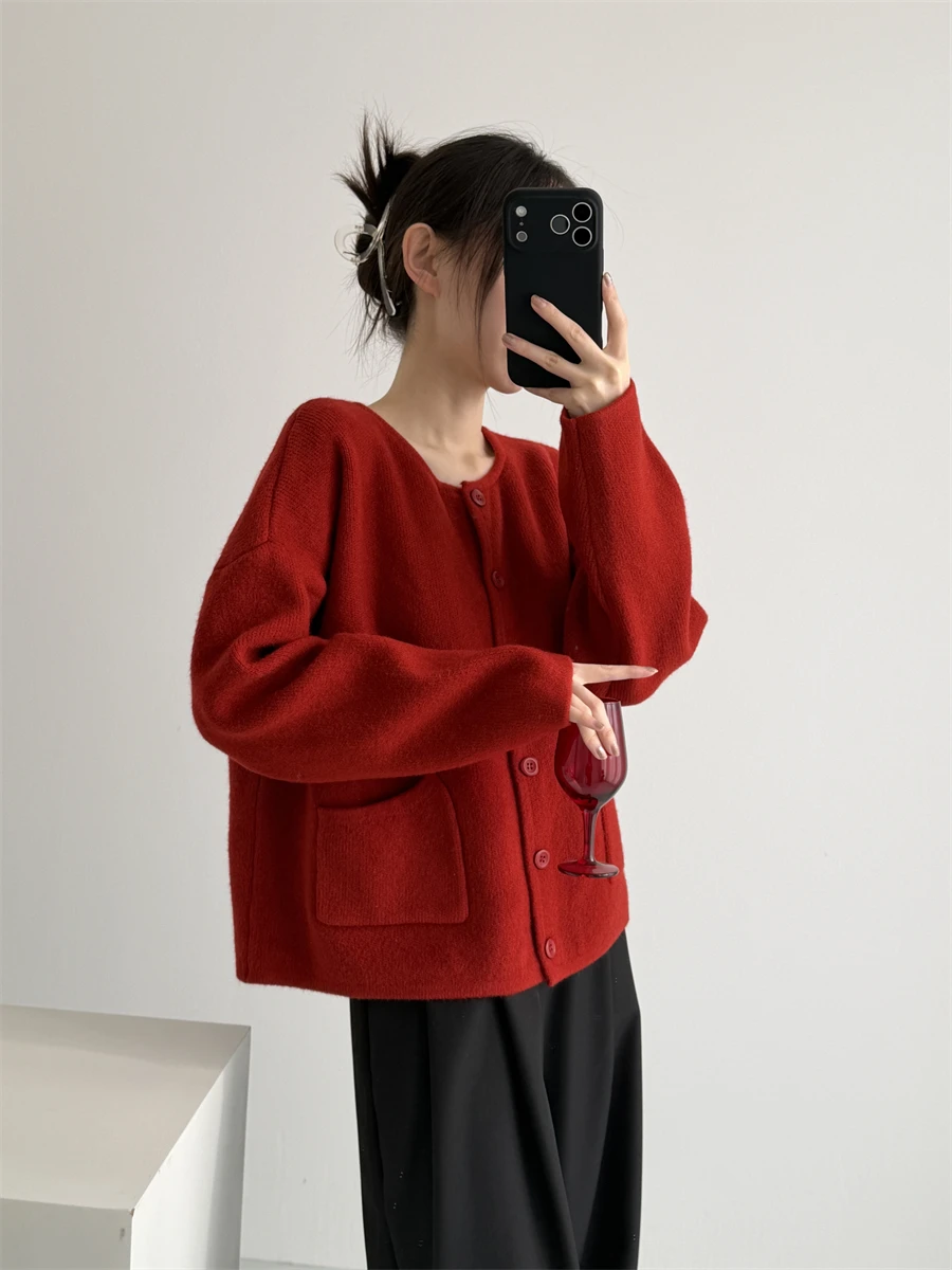 

Красный вязаный кардиган Ele с декоративными элементами, праздничная новогодняя женская верхняя одежда, повседневное универсальное пальто-топ