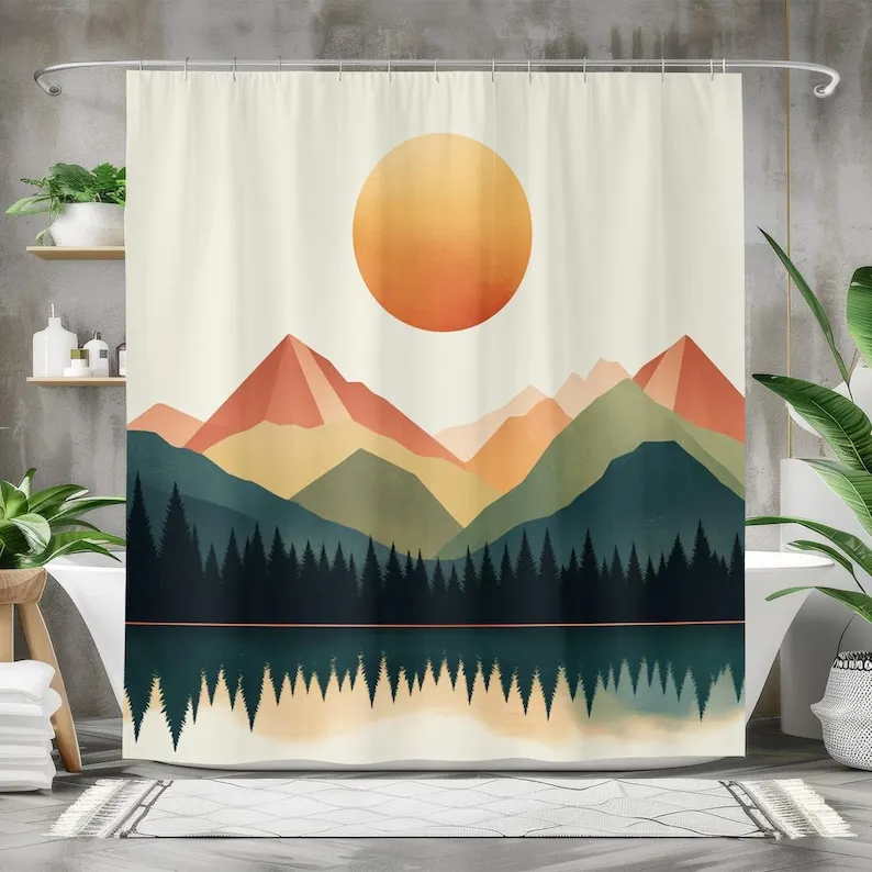 Mid Century Mountain Shower Curtain with Sunset, Abstract Forest Landscape Bathroom Decor, Retro Nature Bath Curtain for Him
