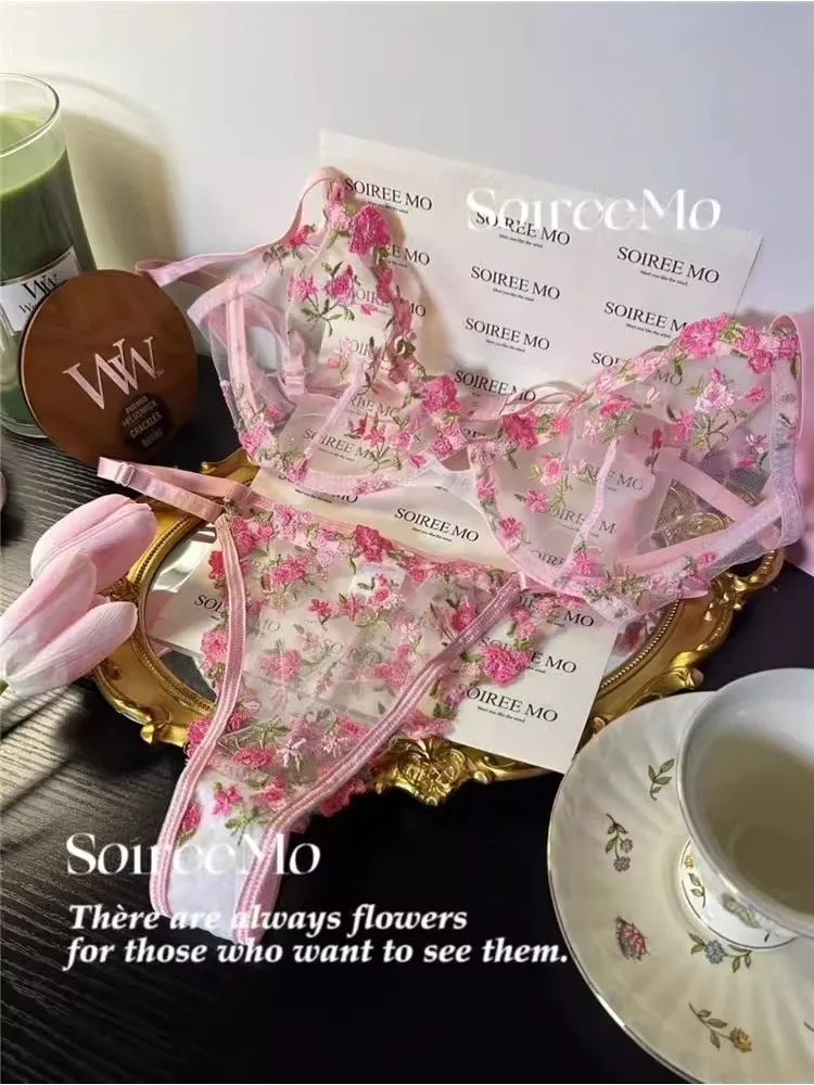 ملابس داخلية مثيرة للخادمة الفرنسية العتيقة، مجموعة شفافة من الدانتيل الثقيل المطرز بالزهور، 32-38 AB ملابس داخلية مريحة بمقاسات كبيرة MOYISU