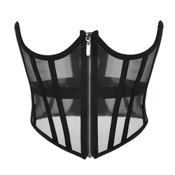 Ladies Transparent Mesh Corset Waist Training Bustier With Zipper Sexy Shaper Night Club Sweet Cropped Top