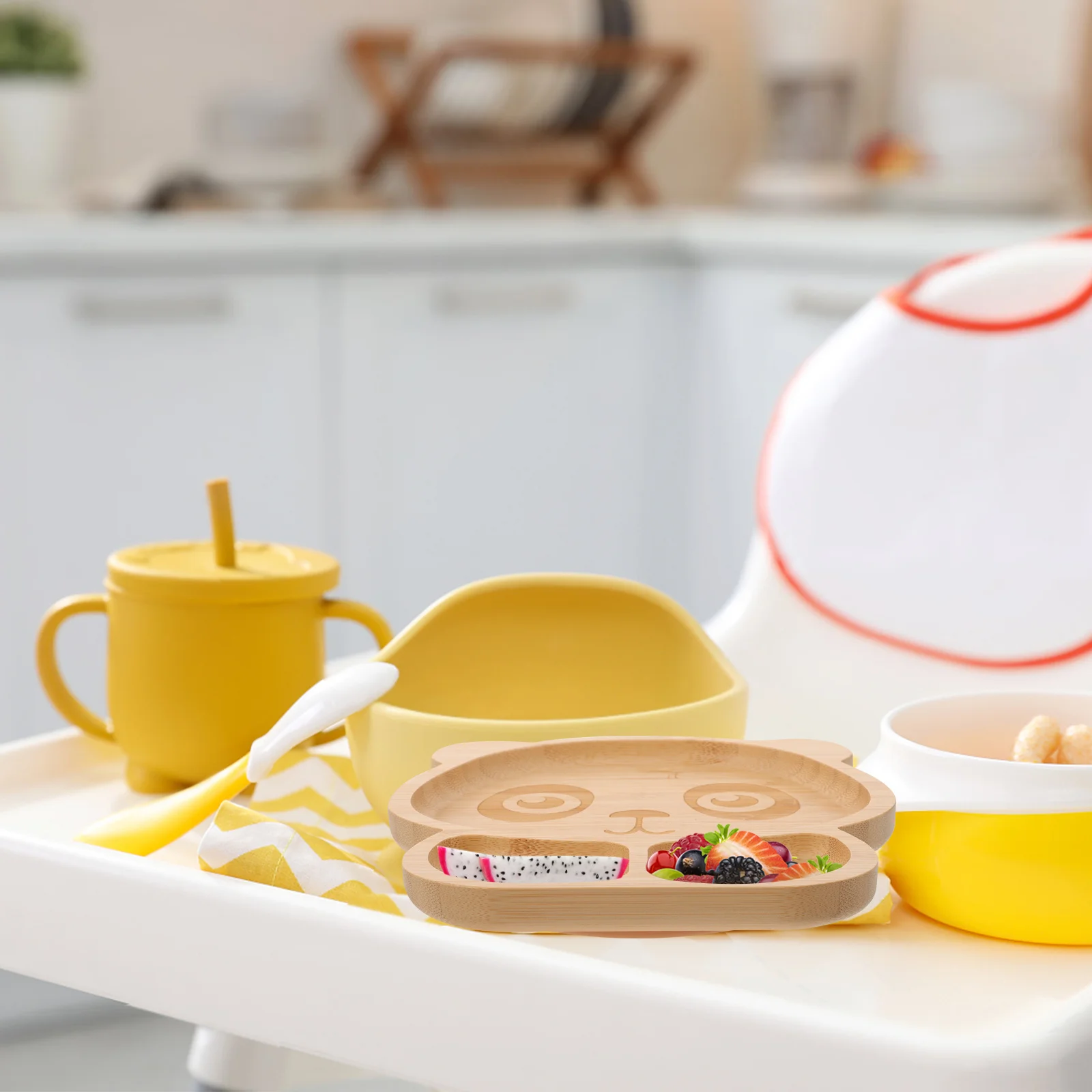 

Wood Divided Food Tray Panda Pattern Baby Serving Plate Non Slip Suction Base Kids Dinner Tray Safe Silicone Design