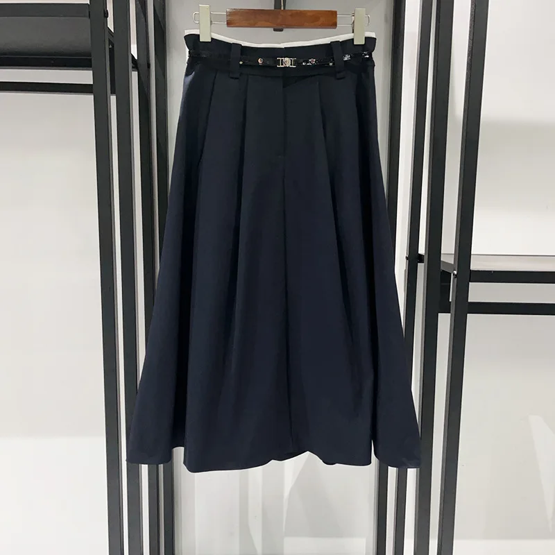 【Gift Free】2025 herfst-wintermode A-lijn geplooide midi-rok voor dames, uitlopende rok met riem en witte rand