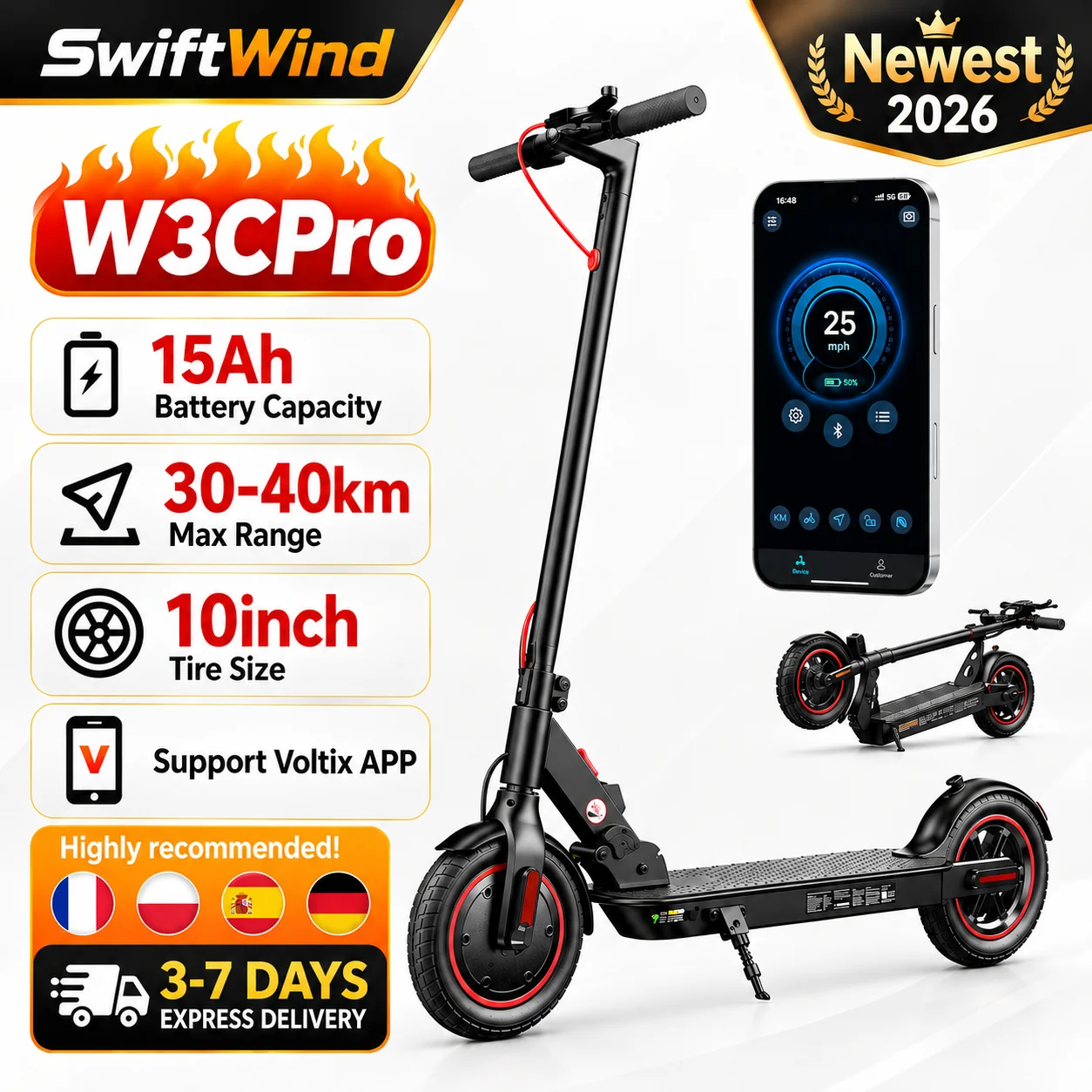 Monopattino elettrico IScooter W3CPro, 36V, 15Ah, autonomia di 30 km, pneumatici gonfiabili da 10 pollici, freno a disco posteriore, monopattino elettrico per adulti con controllo tramite app.