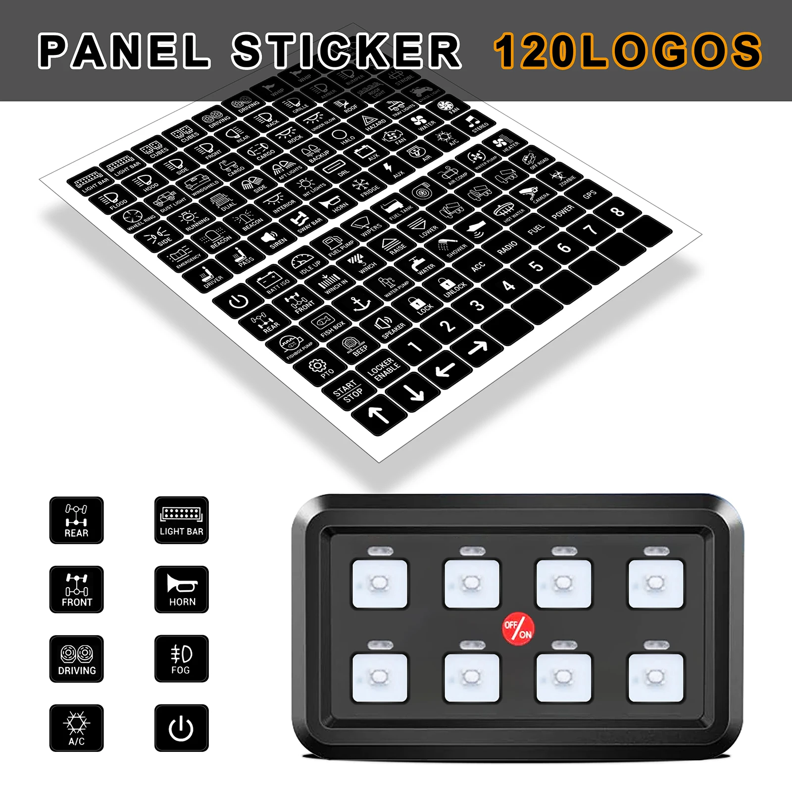 120PCS Car Switch Panel Sticker for 6/8 Gang Panel Decal Graphic Text Auto Rocker Switch Labels for Boat RV Truck Vehicle