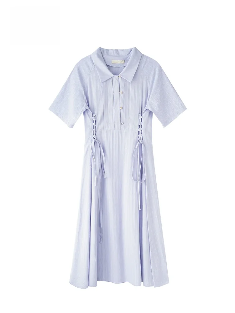 

GOFAR Women's Shirt Dress Slimming Waist Tie Belt Mid-Length Turn-Down Collar Summer Casual Polyester Fiber A-Line Skirt