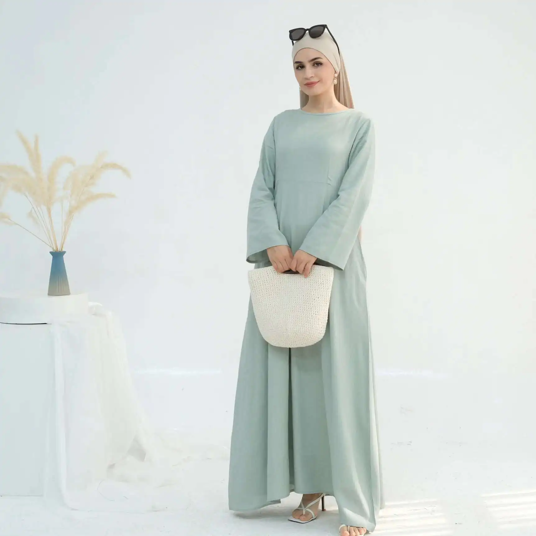 2025 Loriya Dubai Türkiye Solide Baumwolle Hanf Taille Robe Lr947 Muslimischen Langes Kleid Robe Abaya Ramadan Dubai Luxus Islam Elegant