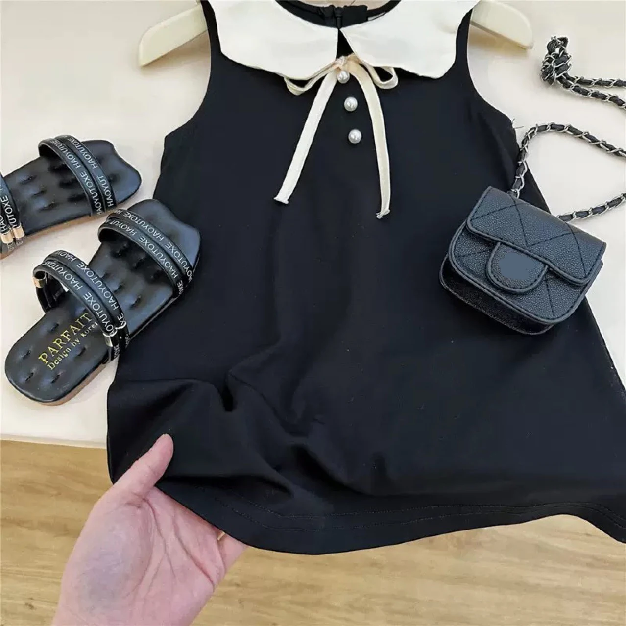 New Summer Girls Dress Lapel Pearl Embellishment Sleeveless Princess For 2-8 Years Old Kids Children Birthday Present