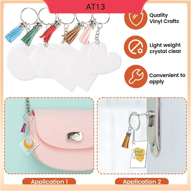 

AT13 50 Sets Blank Keychains For Vinyl, Acrylic Keychain Blanks With 5 Shapes Clear Acrylic Disc Leather Tassel Charms