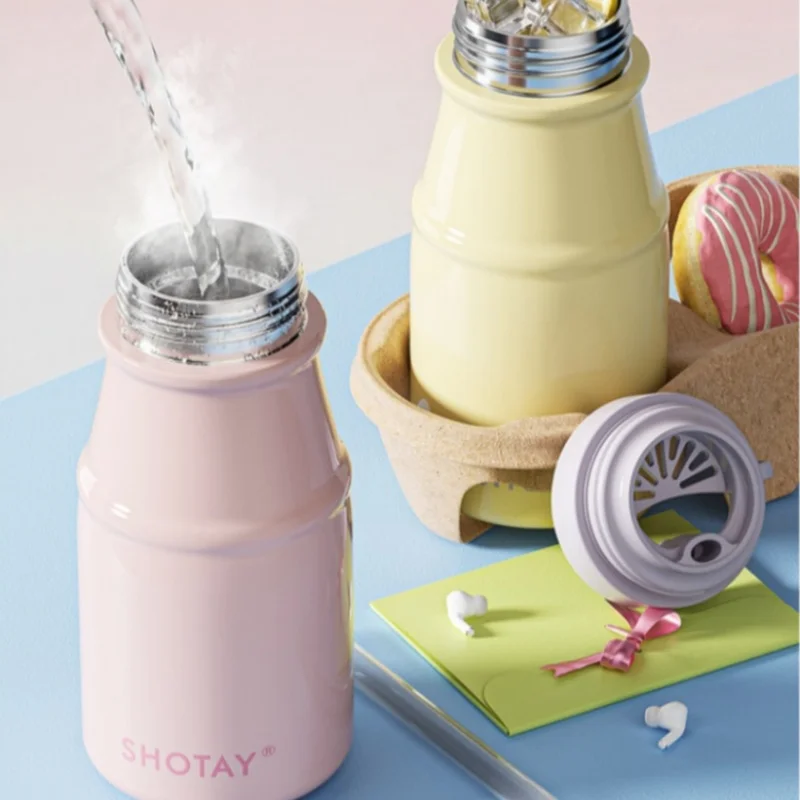 SHOTAY Macaron Color Thermos Cup Mini Pocket Water Bottle Portable 316L Stainless Steel Coffee Milk Jug with Straw＆Carrying Rope