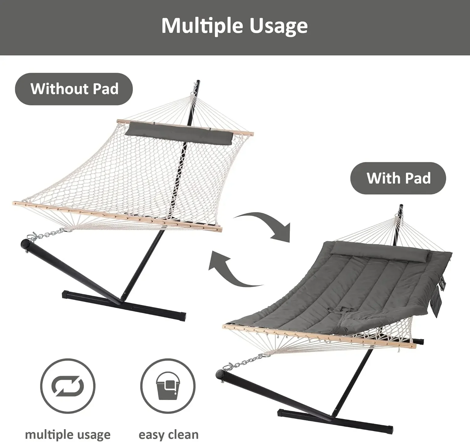 Rede dupla externa com suporte, rede de corda de algodão para duas pessoas com almofada de poliéster, cinza escuro