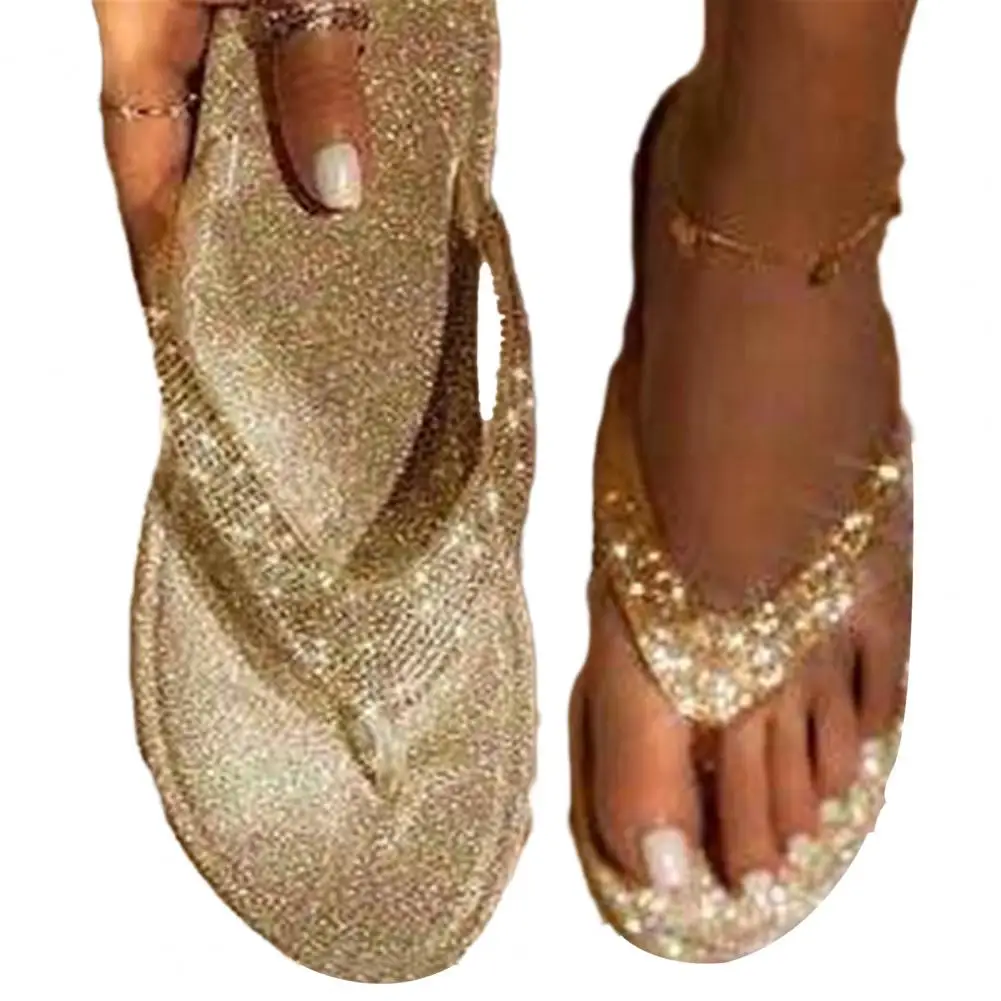 Rhinestone Summer Women Slippers Flat Heel Open Toe Non-slip Thong Design Rhinestone Bling Flat Slippers Beach