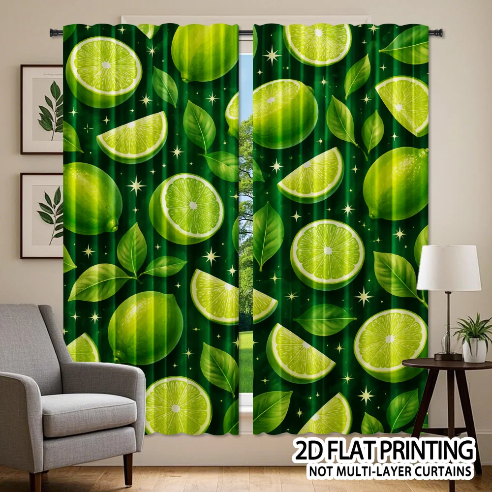 Green Lemon Curtain, Fresh Lime Fruit Window Drape, Summer Citrus Pattern Blackout Panel, Kitchen Living Room Home Decor