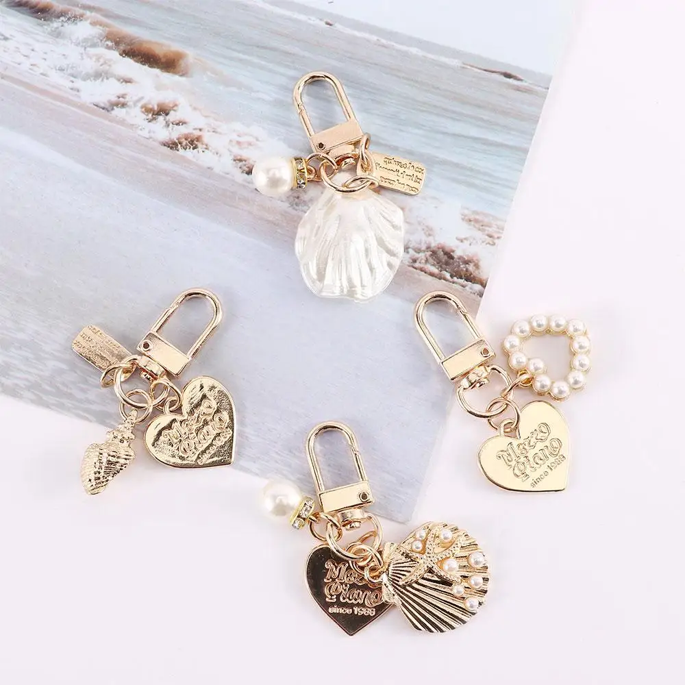Love Letter Cute Pearl Keychain Gold Color Shell Conch Key Chain Heart Key Ring Bag Charms Key Accessories
