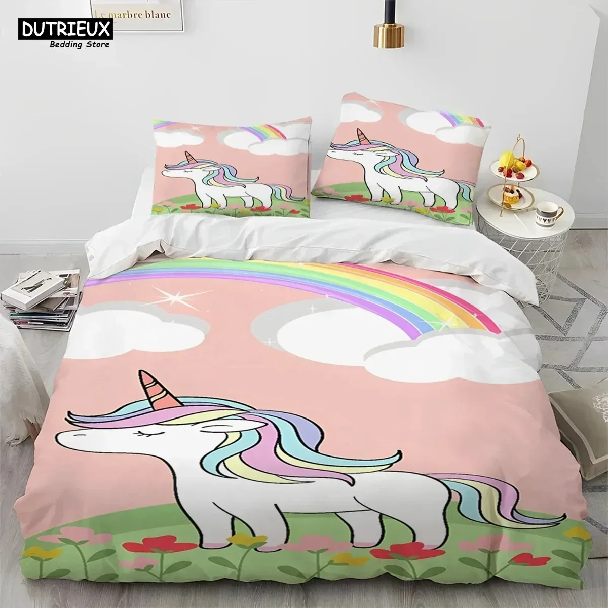 Luxury New 3D Print Unicorn Cute Cartoon Comforter Bedding Set,Duvet Cover Bed Set Quilt Cover Queen Bedding Set Boy Girl Gift