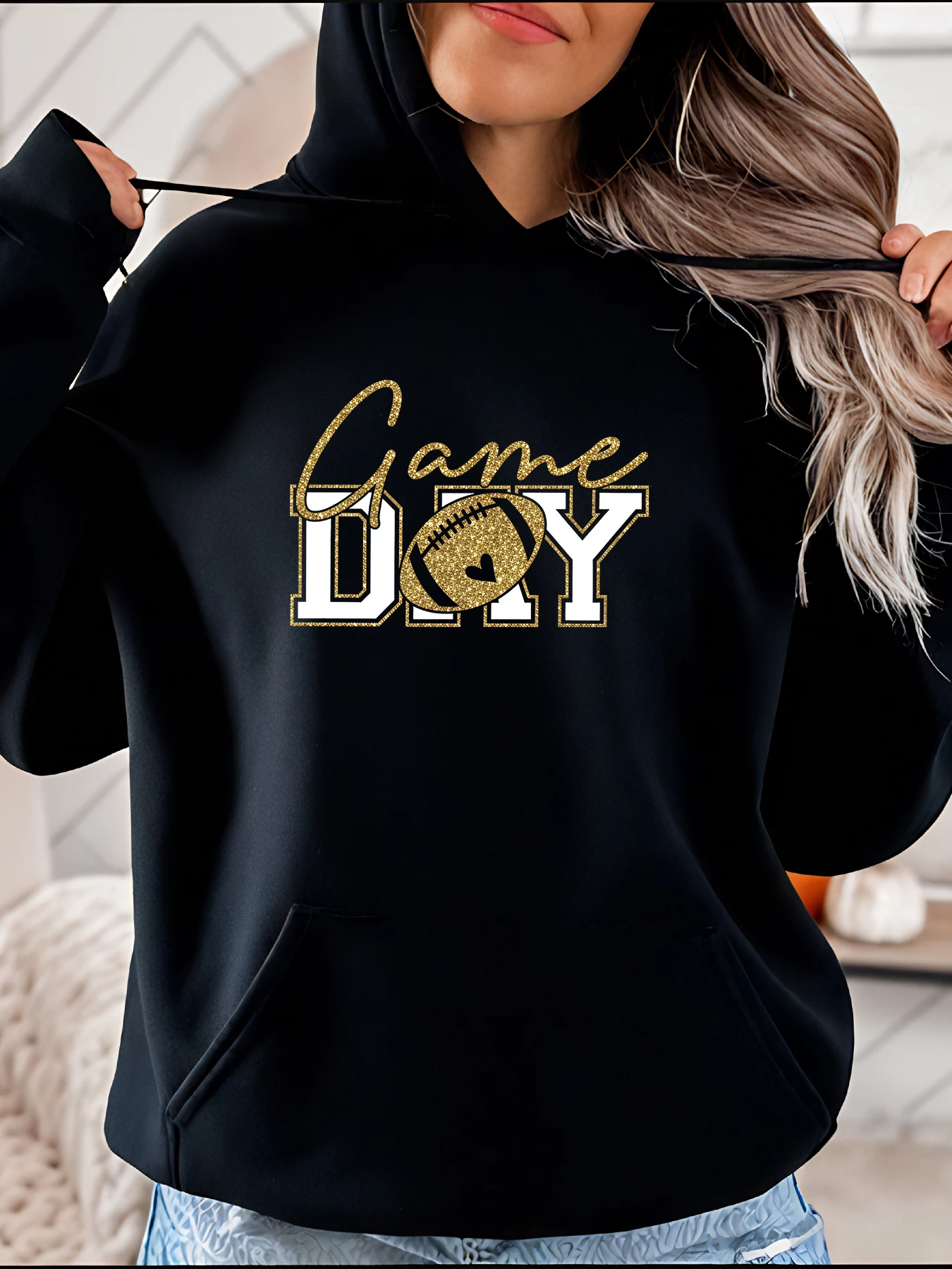 

Толстовка с капюшоном для дня футбольных игр, женская повседневная толстовка с черным золотым принтом, спортивная одежда 280