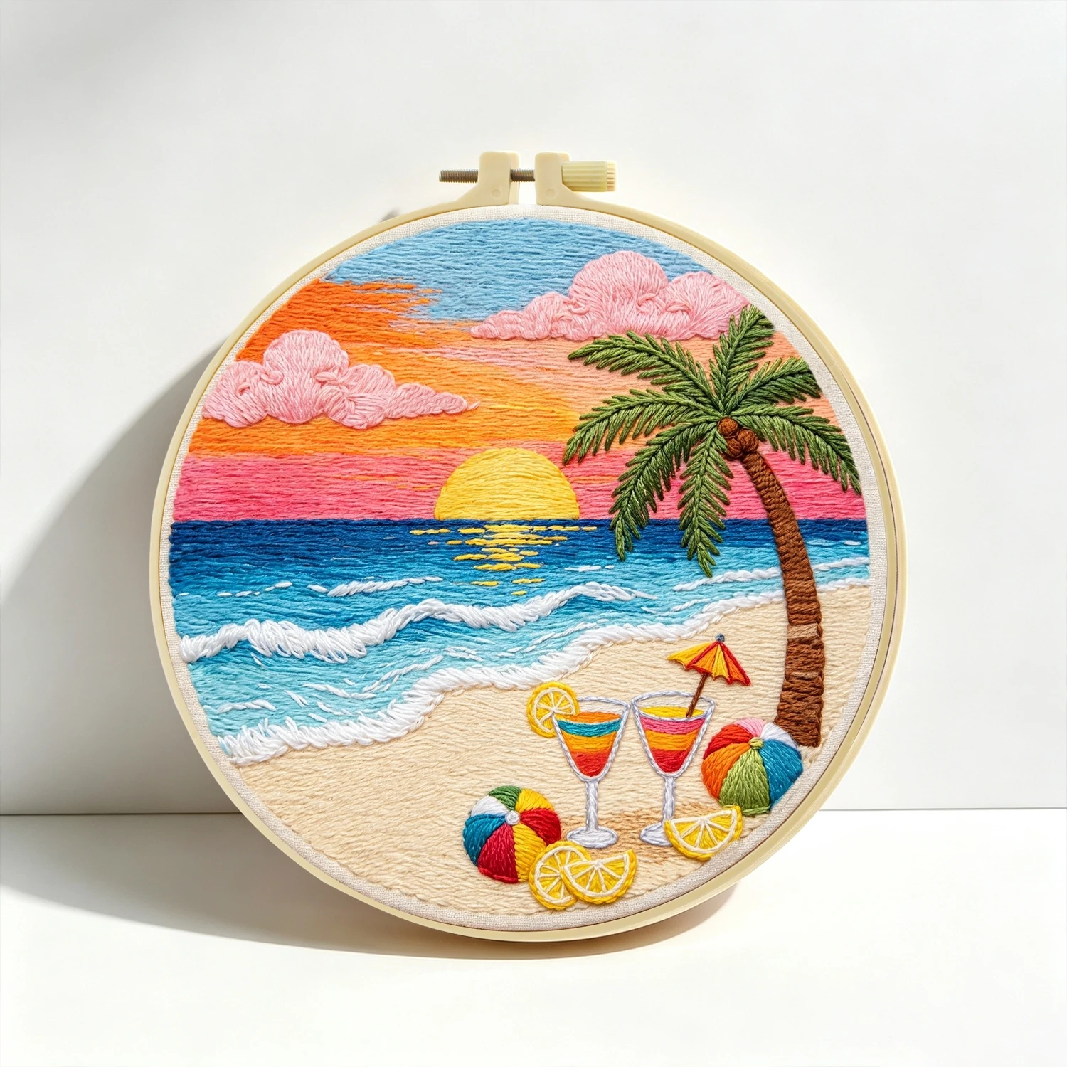 1 Set Strand-Sonnenuntergang-Cocktails DIY-Stickerei-Set für Anfänger, Stickerei-Starter-Kit, Kreuzstich-Kunstgeschenk, Handarbeits-Bastelset – Detail 5