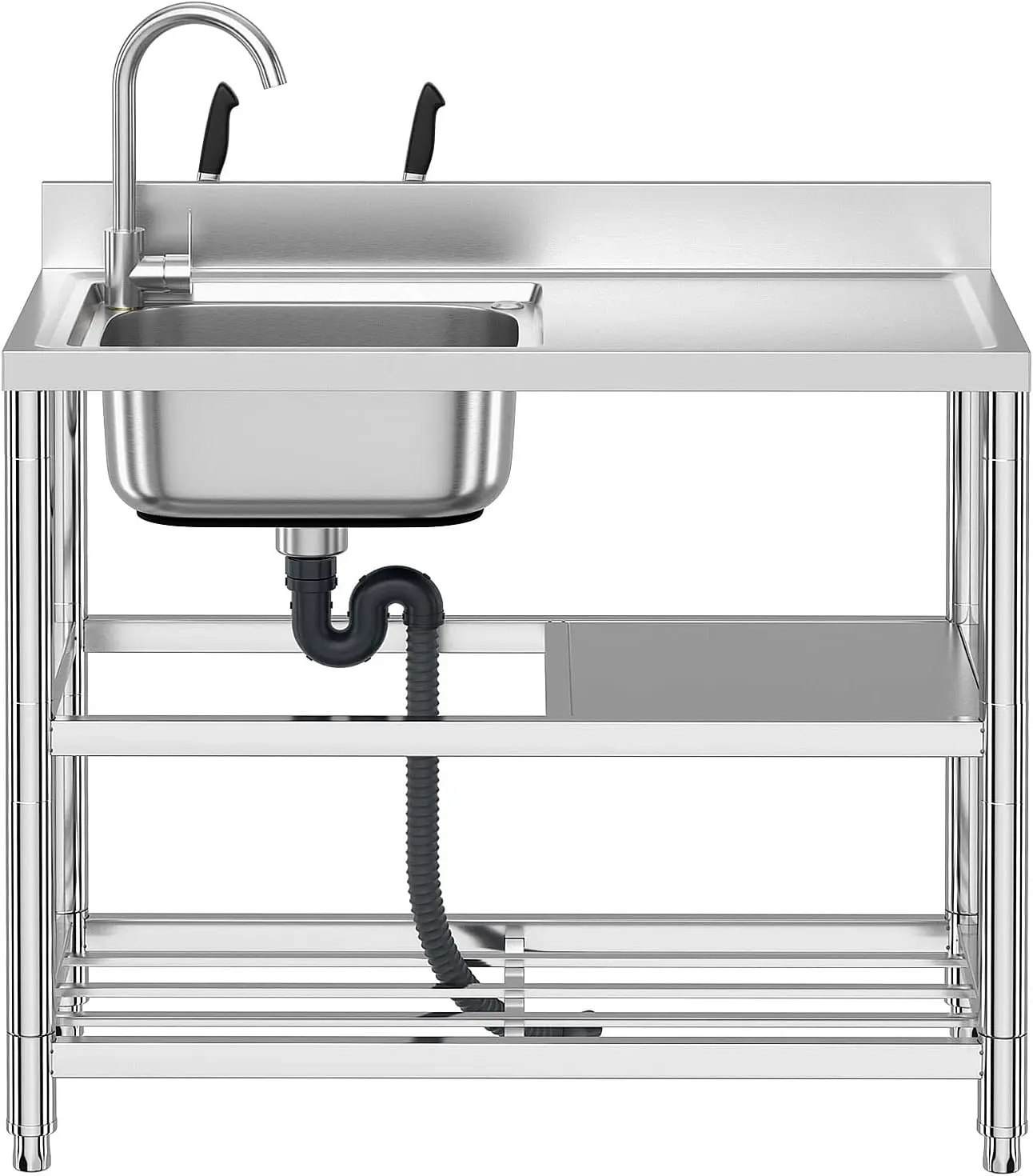 Free Standing Stainless-Steel Single Bowl Commercial Restaurant Kitchen Sink Set w/Faucet & Drainboard, Washing Hand Basin