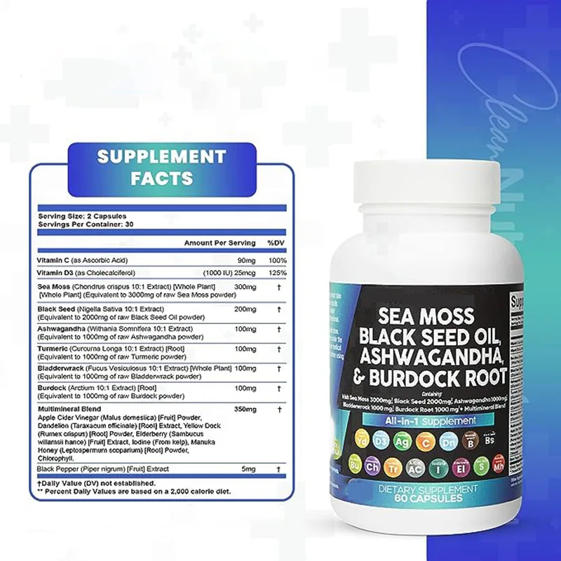 Sea grass caps black seed oil paired with burdock roots helps with immunity, intestinal cleansing, and energy