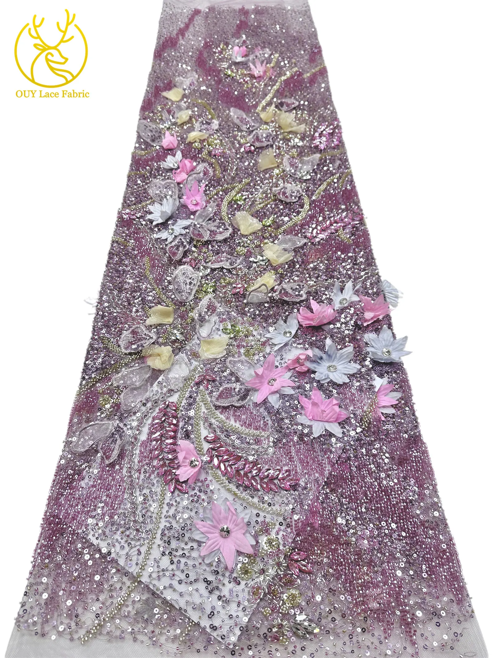 Hochwertiger luxuriöser französischer Edelstein-Perlenstickerei-3D-Blumen-Afrikanischer-Pailletten-Spitzenstoff für DIY handgefertigtes Hochzeitskleid. – Detail 18