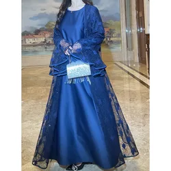 Muslim Lace Abaya Jalabiya Ramadan Morocco Dubai Kaftan 2 Piece Set Flare Sleeve Eid Vestidos Women Party Dresses Arab Long Robe