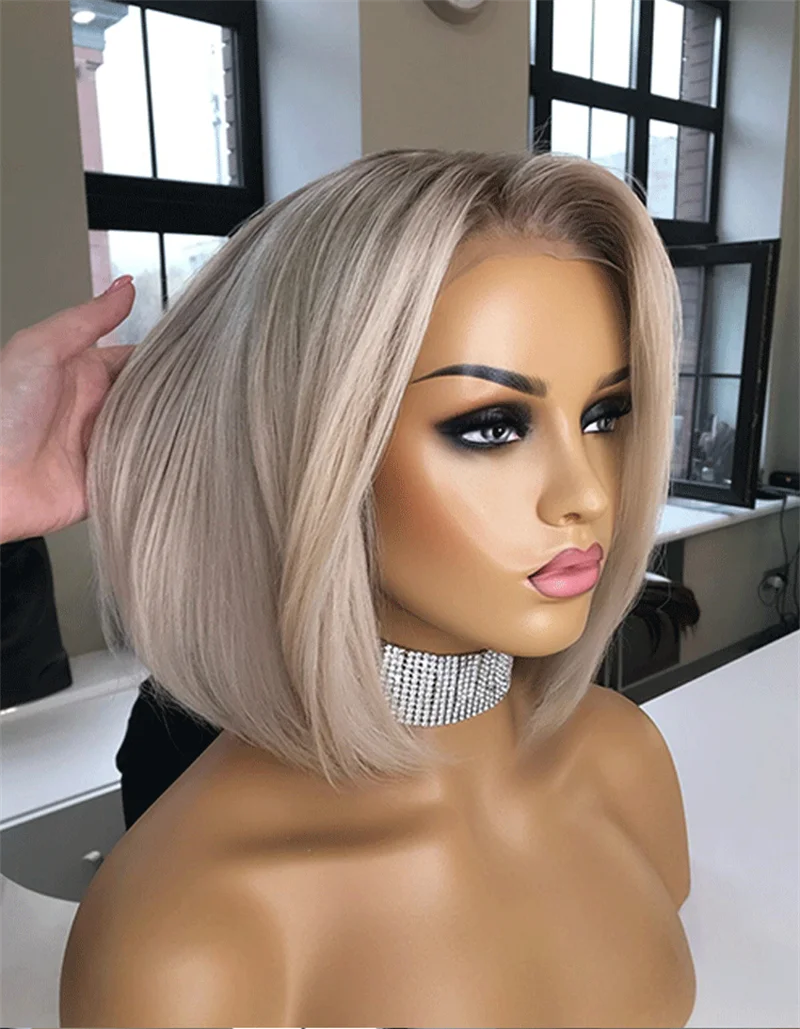 High Quality Short Side Part Bob Synthetic Wig Platinum Blonde Rooted Lace Wig Curly Lace Front Wig most natural hairline