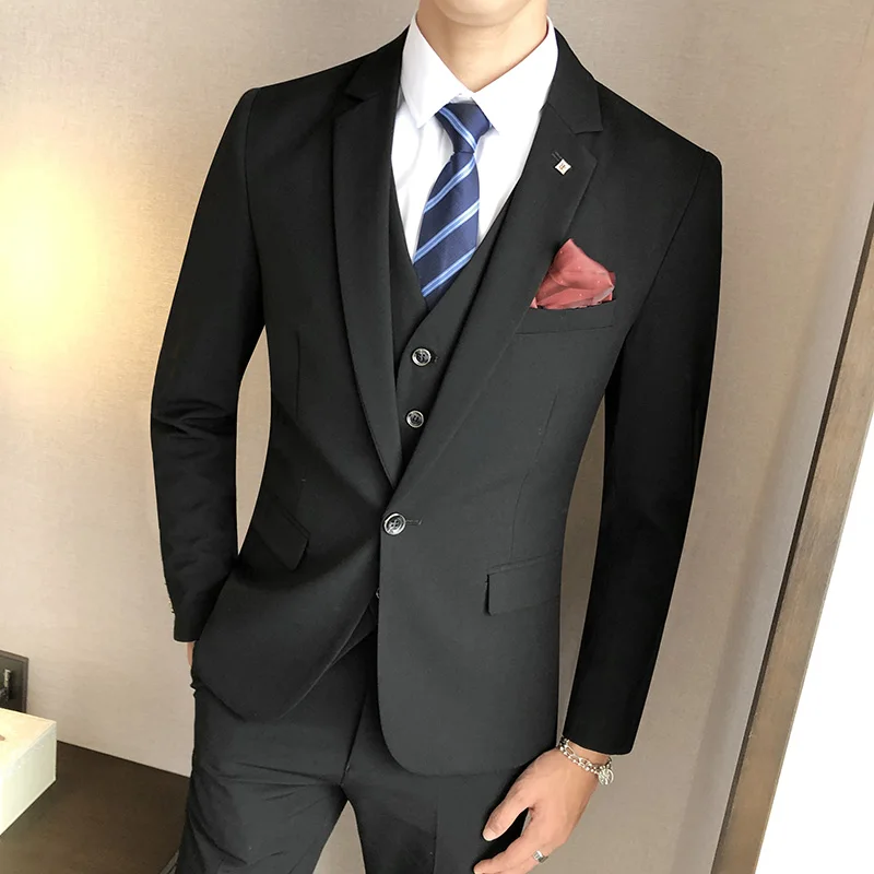 (Jackets+Vest+Pants) Fashion Men\'s Slim Fit Business Suits/Male High-grade Pure Cotton Groom Get Married Dress 3 Pcs S-4XL