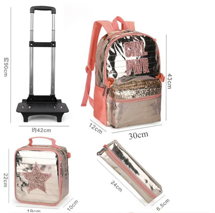 Borsa Trolley scuola per ragazze zaino con ruote scuola con set pranzo al sacco zaino per bambini borsa da viaggio borsa a tracolla con ruote