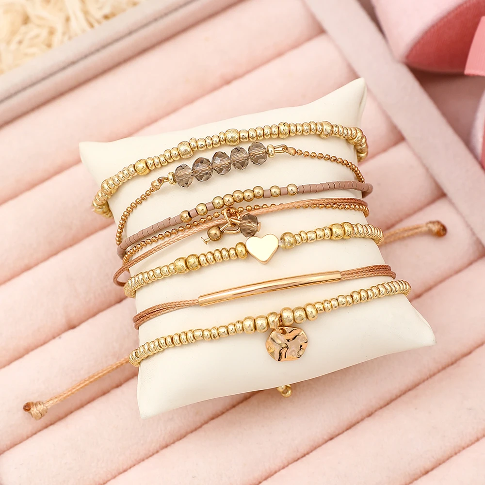 7Pcs/Set Bohemian Style Heart Beads Round Pendant Adjustable String Beads Bracelet CCB Elastic Bracelet Set For Women image 3