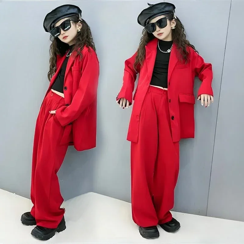 Suit for Girls 4 To 14 Y Youth Groups Jazz Dance Costumes Children Clothes Casual Halloween Outfits Loose Blazer Pants Two-piece