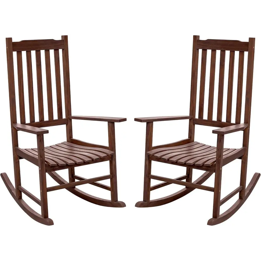 Set of 2 High-Back Wooden Patio Rocking Chairs with Wide Armrests for Adults, Suitable for Garden and Backyard in Brown