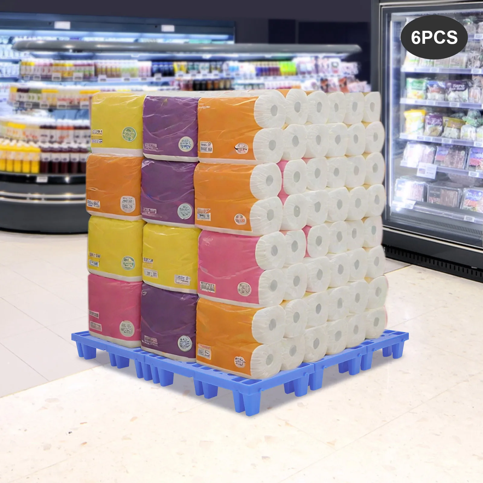 

6-Pack Blue Plastic Floor Pallets, 50x30x10cm Stackable Storage Pallets, PP Material for Warehouse Organization, Garage Shelving