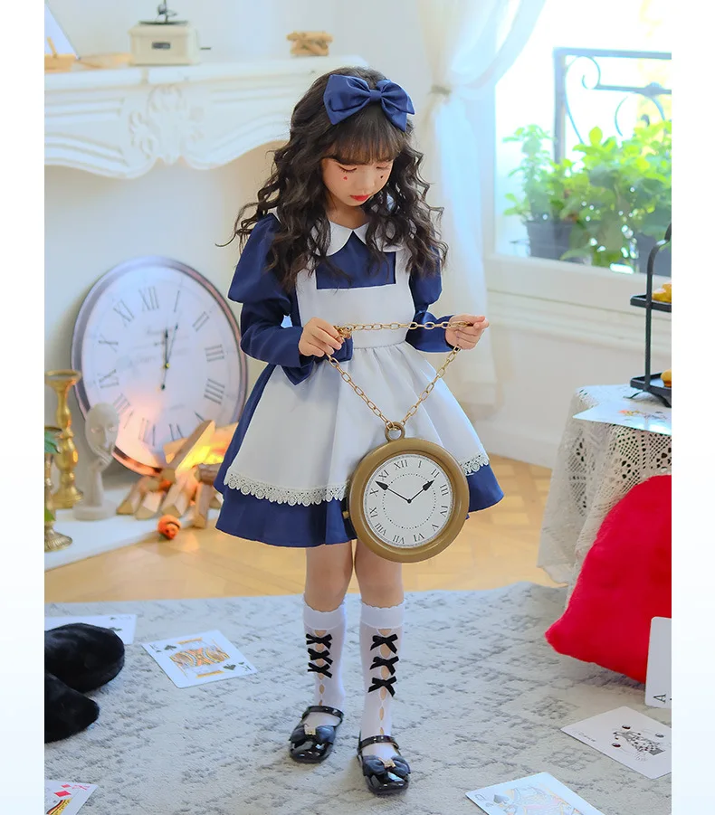 Anime Girl Blue Alice Cute Maid Costume Cosplay blu scuro Lolita Collection manica lunga vestito da cameriera Set Girl Maid Party Costumes