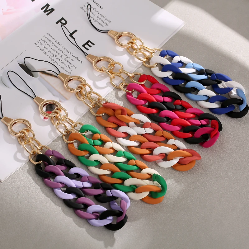 Fashion Colorful Metal Acrylic Beaded Mobile Phone Chain For Women Girls Anti Lost Telephone Lanyard Cellphone Strap Jewelry