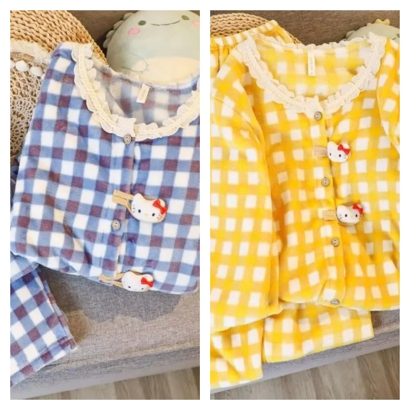 

New Pajamas Women Winter Plaid Lace Hello Kitty Long Sleeve Pants Sweet Cotton Homewear Set Cute Kawaii Fashion Nightwear Set