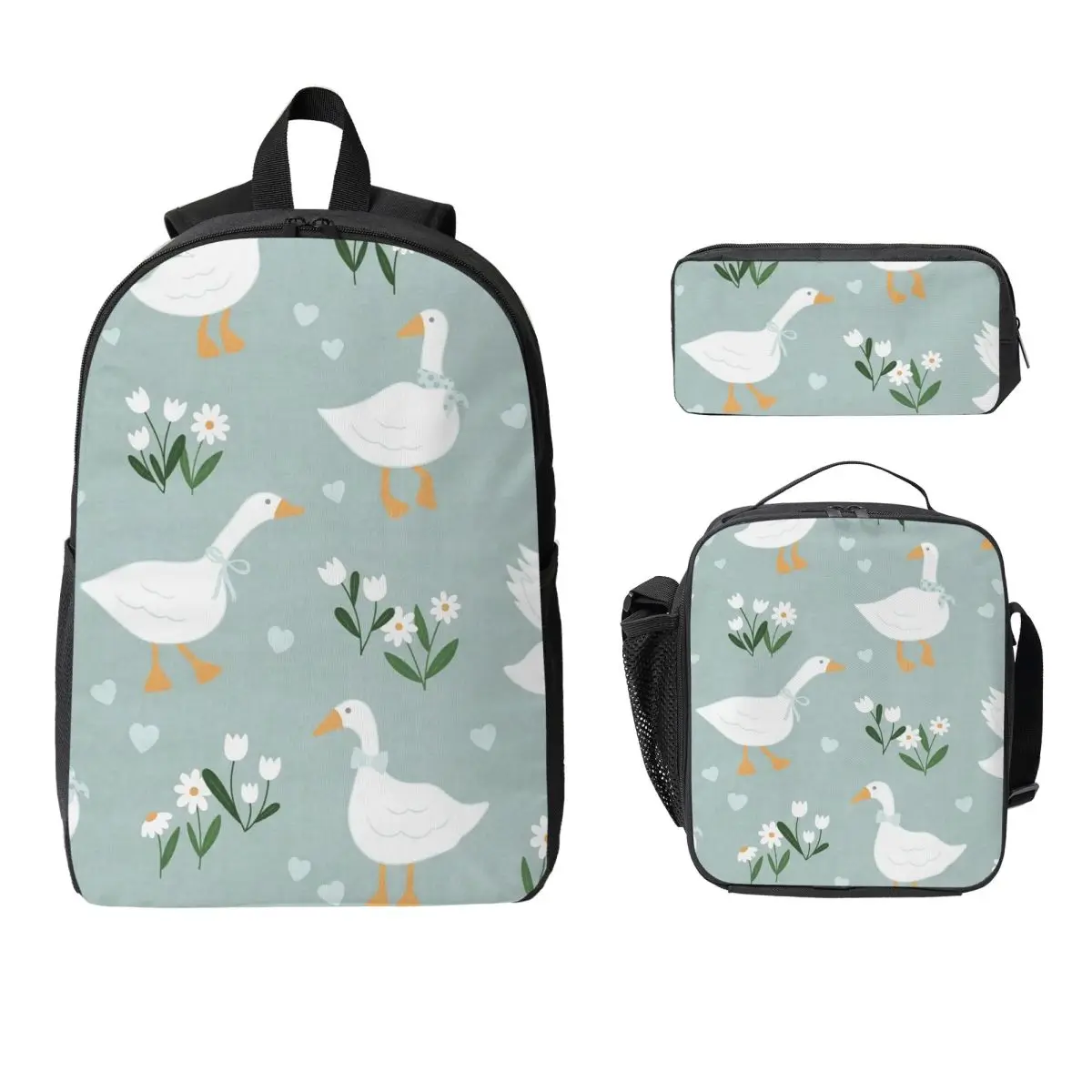 Nordic Style White Goose Pattern Backpack Student BookBag School Bag Computer Shoulder Bags 3ps Insulated Lunch Bag Pencil Case