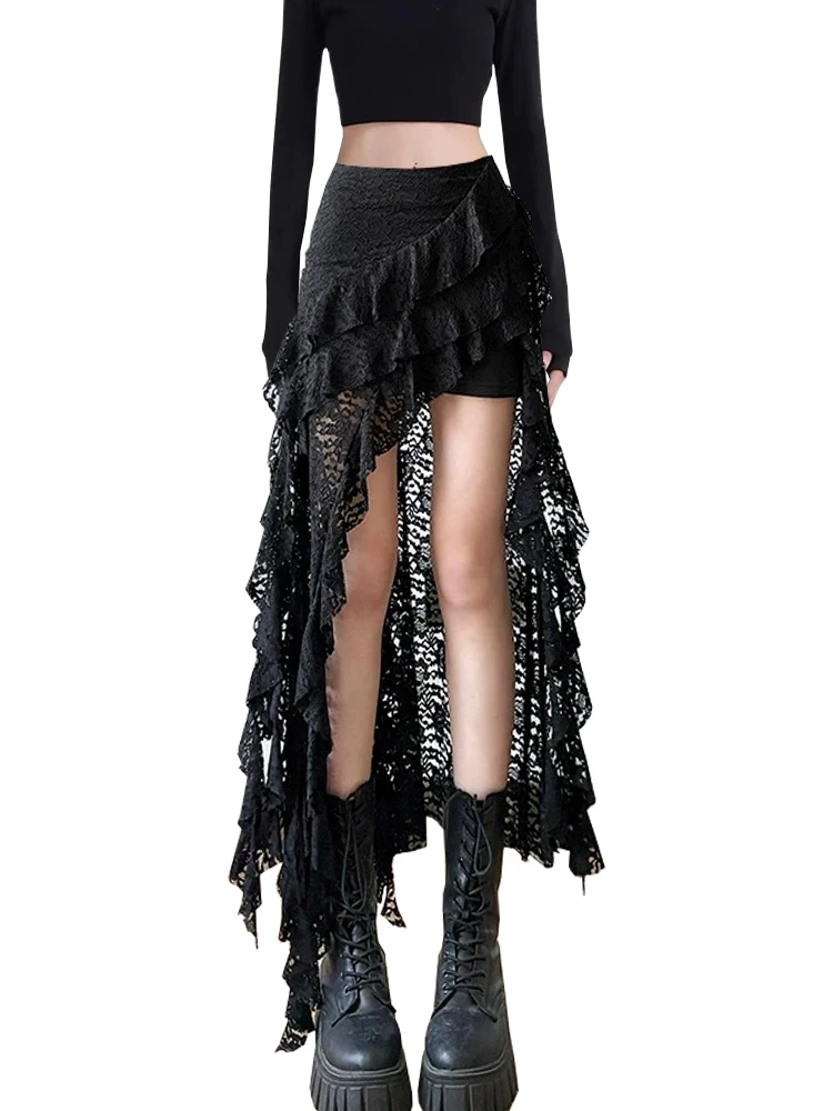 American Retro Lace Sash Asymmetrical Half Skirt Women Summer Pure Desire Spicy Slimming Pleated Short Skirt High Waist Flared