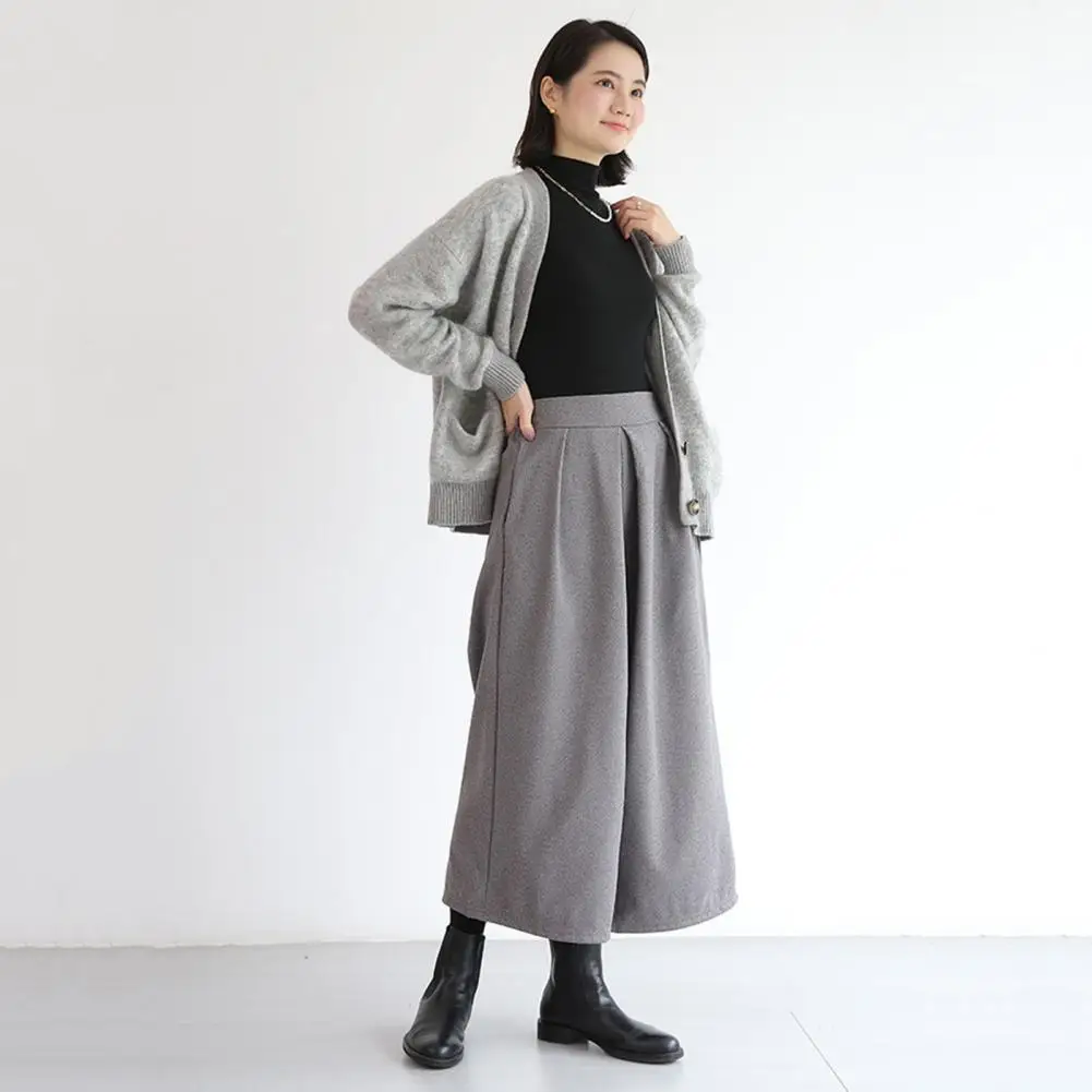 Woolen Loose Wide Leg Pants Skirts A-line Profile Pleated Trousers Winter Autumn Small Cropped Pant Fashion Office Lady Culottes