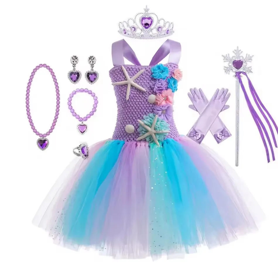 Lila Meerjungfrau Tutu Kleid Mädchen Kinder Schulterfrei Fancy Prinzessin Kleid Kleinkind Geburtstag Party Puffy Kleid