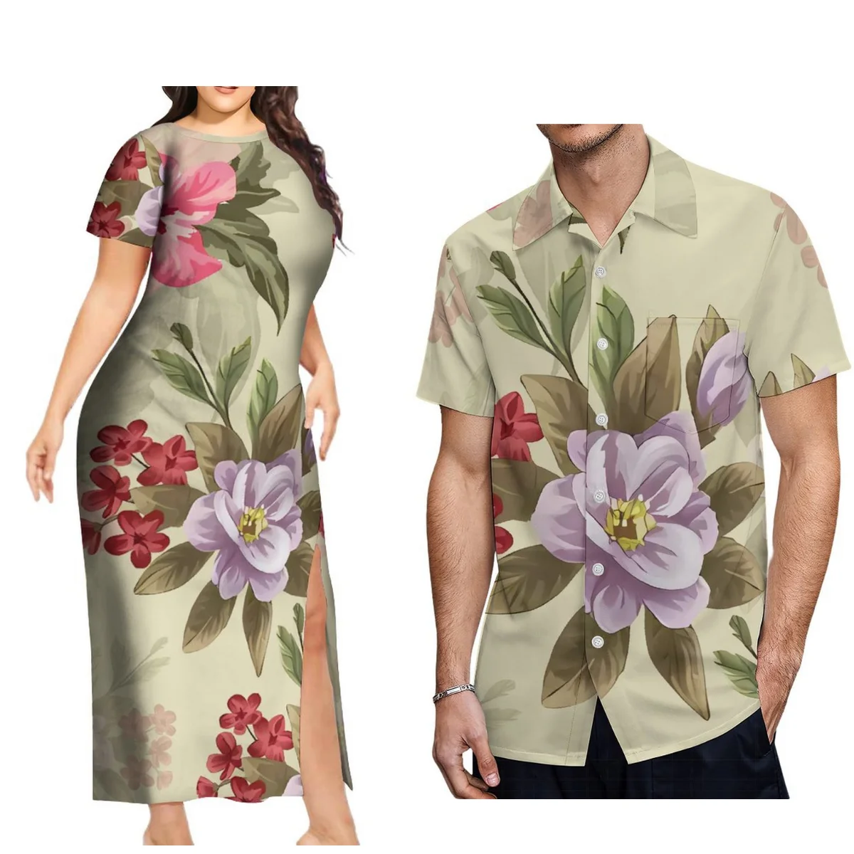 

Summer Women'S Crew-Neck Slit Dress High Quality Couple Suit Hawaiian Men'S Aloha Shirt Polynesian Tribe Custom