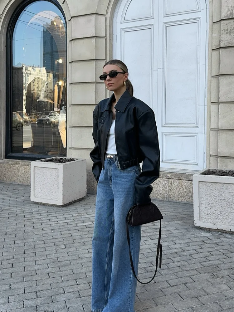 Casual Schwarz Zipper Gürtel Frauen Abgeschnitten Leder Jacke Mode Rundhals Volle Hülse Tasche Kurzen Mantel Dame Highstreet Outwear