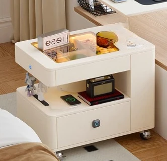 French cream wind projector storage cabinet multifunctional lifting bedside table can be rotated and moved to accommodate