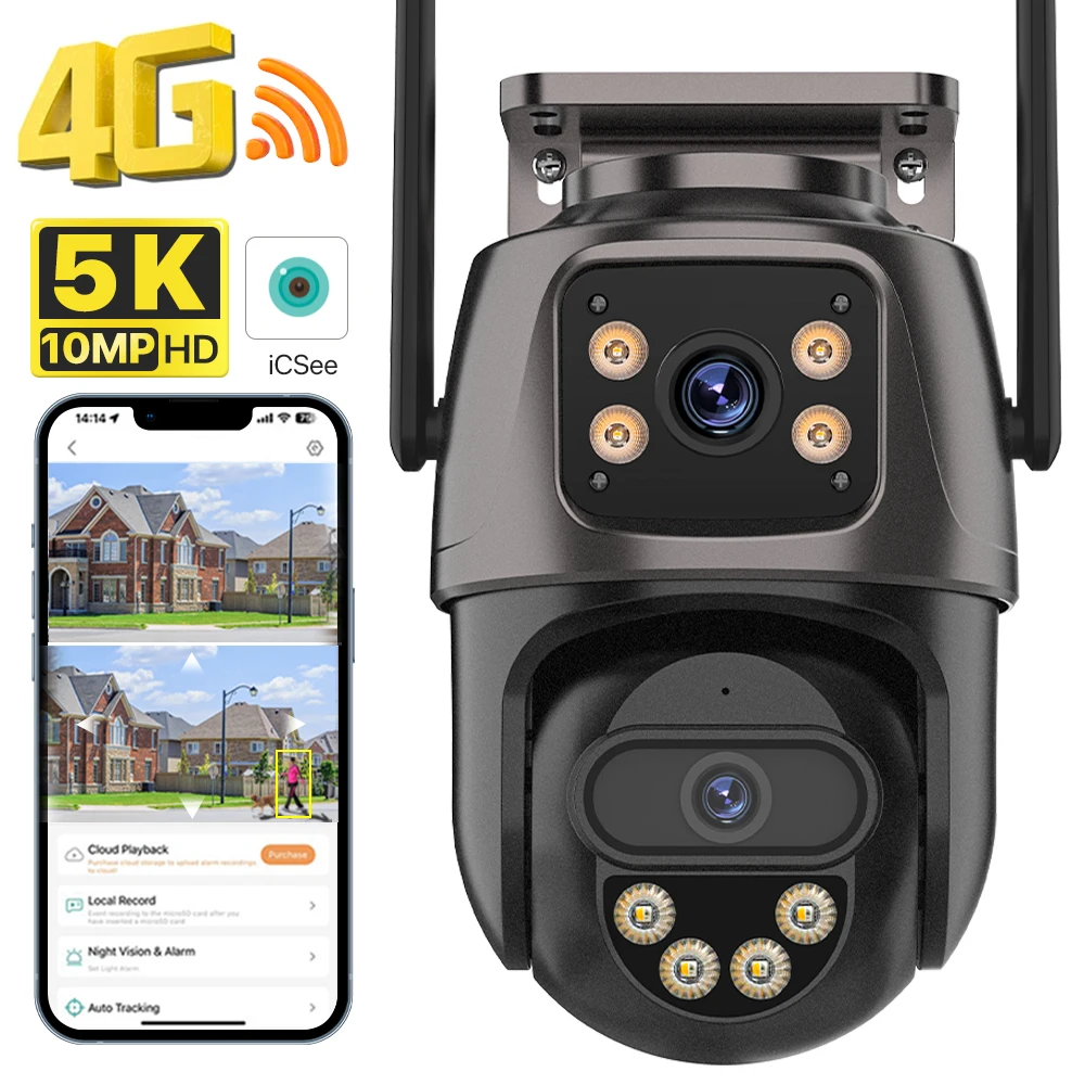 Outdoor 4G SIM Card 5K 10MP IP Camera Dual Screen Outdoor WIFI PTZ Camera Auto Tracking Security Video Surveillance iCsee