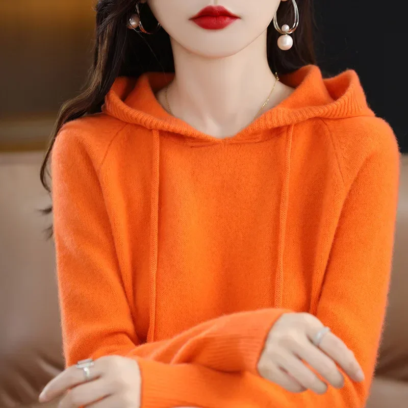 YSZWDBLX Women Pullover Sweater Hooded Jumper Korean Loose Solid Long Sleeve Casual Autumn Winter Thick Warm Knitted Sweaters