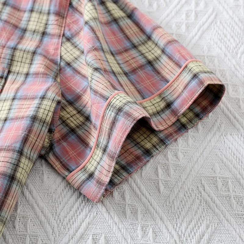 Classic Plaid 100% Cotton Pajama Set. Lapel Button-Down Short-Sleeve Loungewear. Breathable Comfortable Casual Home Set.